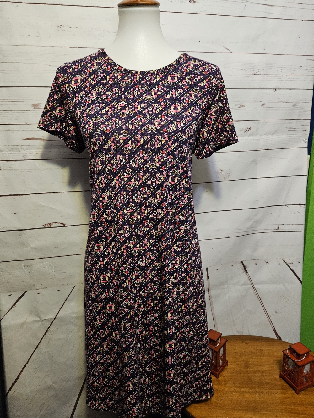 LuLaRoe Navy Floral Midi Dress with Pink Accents